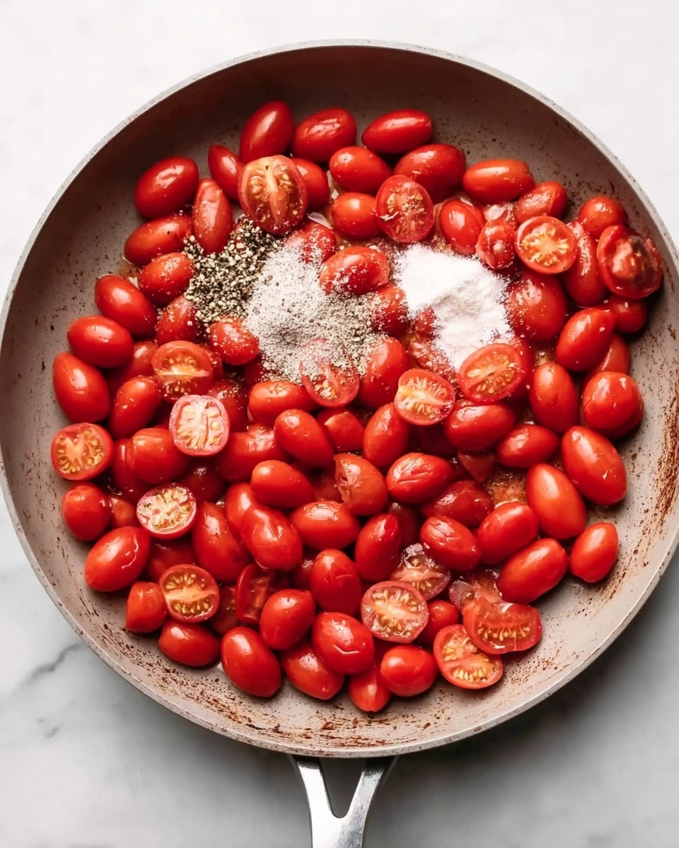 A round pan filled with many small, red grape tomatoes, some whole and some cut in half, showing their juicy insides; in the center of the pan are small piles of white powder spices and crushed black pepper. The pan rests on a white marbled surface. Photo taken with an iphone --ar 4:5 --v 7