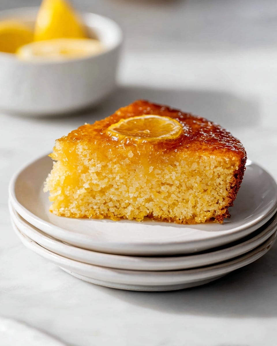 A single slice of yellow cake with a moist, crumbly texture is shown on top of three stacked white plates. The cake has a shiny, caramelized golden brown topping with a visible round, thin slice of citrus fruit embedded in it. In the background, a white bowl with a few lemon slices is slightly out of focus, placed on a white marbled surface. The photo taken with an iphone --ar 4:5 --v 7