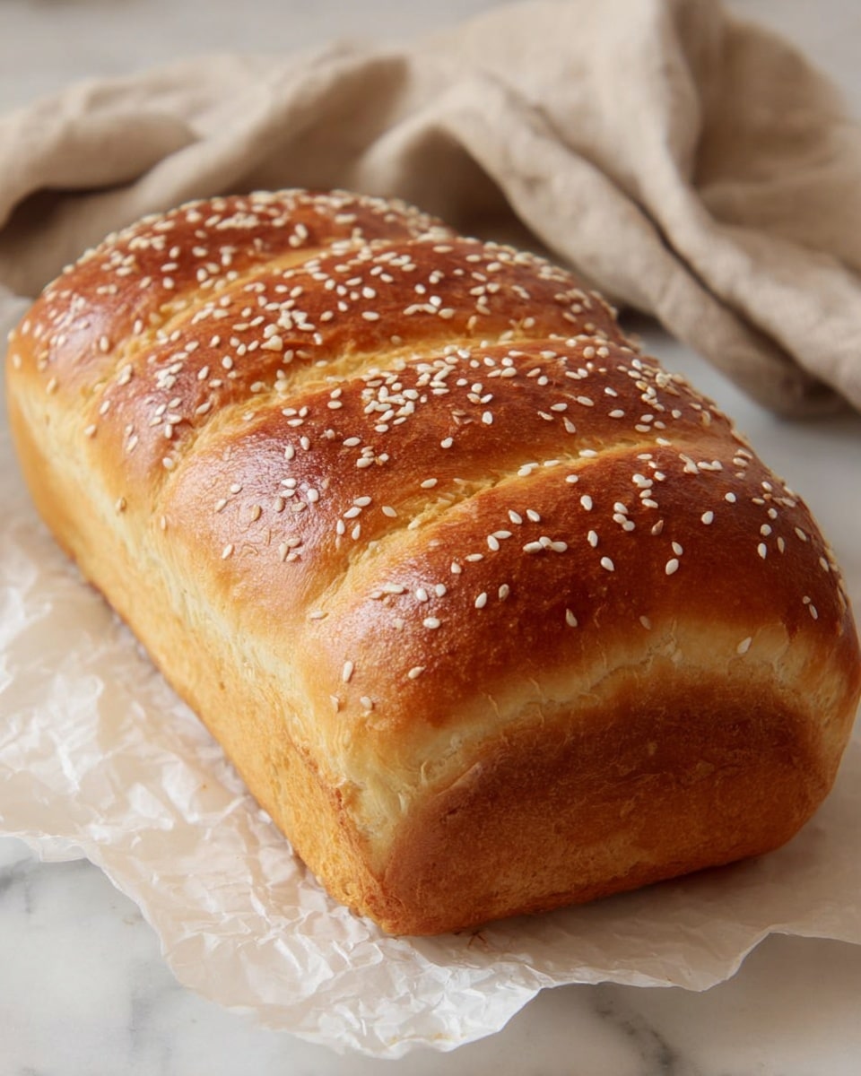 A loaf of bread with a golden brown top sprinkled with white sesame seeds, showing soft, fluffy texture with even, smooth sections along the top. The bread loaf is rectangular with slightly rounded edges, sitting on a crumpled white paper on a white marbled surface. A beige cloth is softly draped in the background, adding a warm tone to the overall scene. photo taken with an iphone --ar 4:5 --v 7