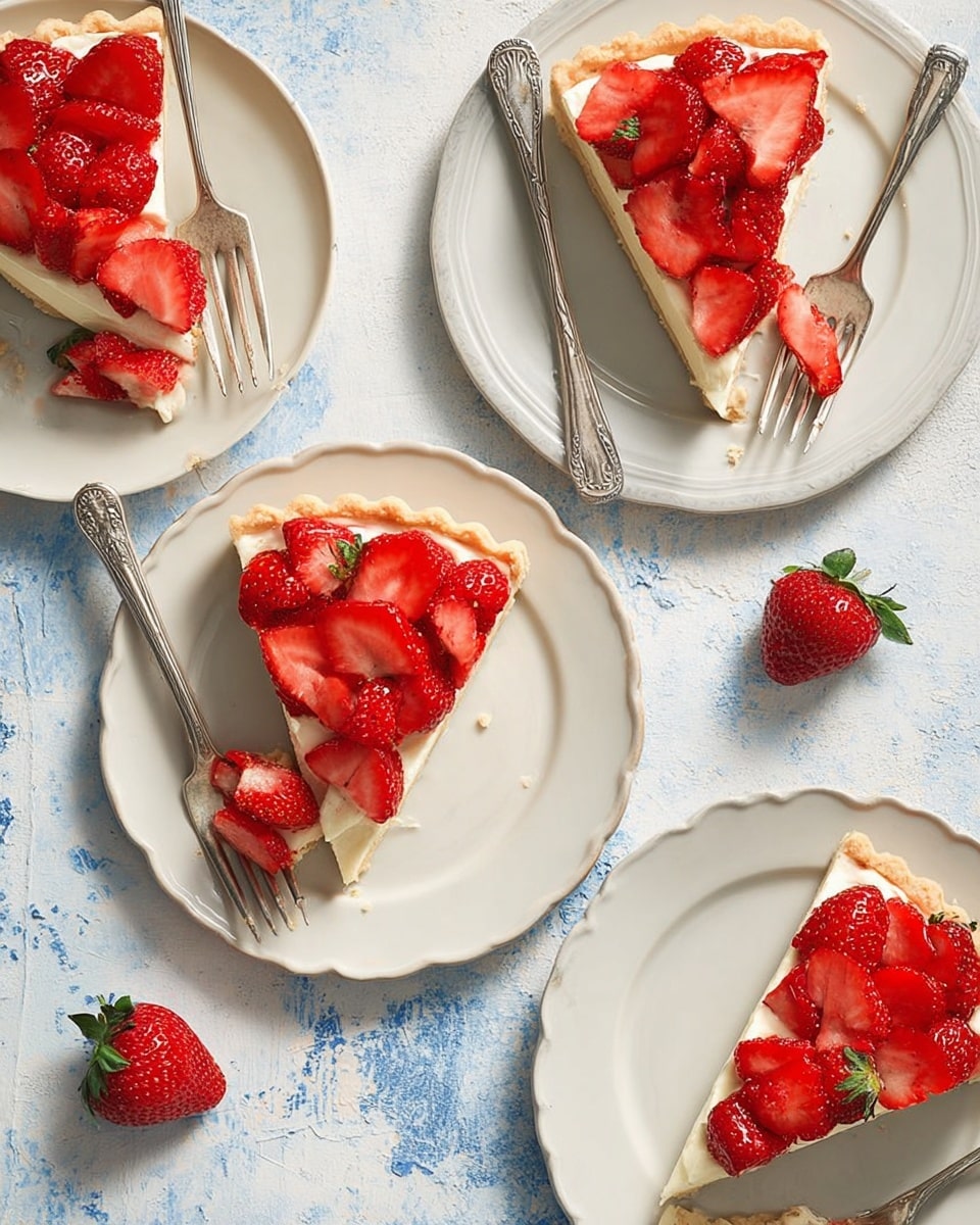 Five slices of strawberry tart are shown on white plates arranged on a white marbled surface with a soft blue worn paint texture. Each slice has three layers: a light beige crust with a crimped edge at the bottom, a smooth creamy white middle layer, and a top layer of bright red strawberry halves and slices neatly placed. Each plate has a silver fork resting on it, some slices are partially eaten. One whole strawberry is placed on the surface near the plates. Photo taken with an iphone --ar 4:5 --v 7