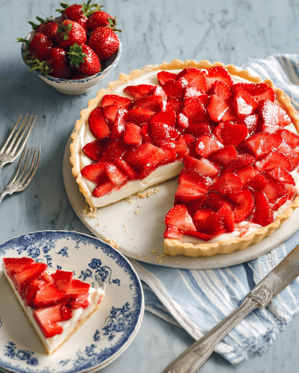 A round tart is shown with three clear layers: the bottom layer is a light golden, flaky crust; the middle layer is a smooth, creamy white filling; and the top layer is covered with fresh, bright red strawberry slices spread evenly across the surface. The tart is sliced into eight pieces, with one piece slightly pulled away and resting on a white plate decorated with blue floral patterns. Next to the tart, a bowl filled with whole strawberries and a silver fork on the plate are visible. A light blue and white striped cloth and a silver knife are placed beside the tart. Everything is on a white marbled surface. Photo taken with an iphone --ar 4:5 --v 7