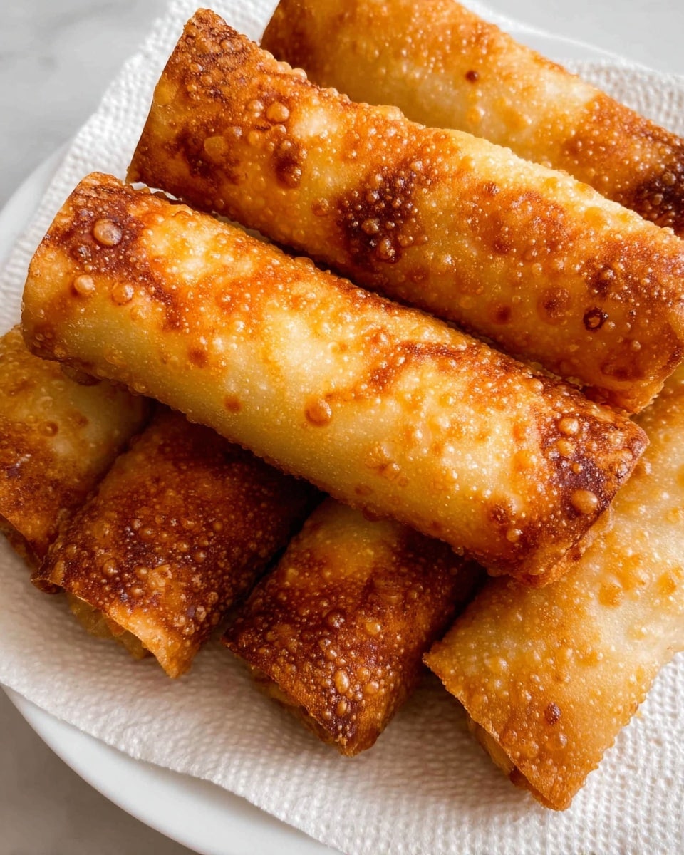 The image shows five golden brown fried rolls placed closely on a white plate, which has a textured paper towel underneath the rolls. Each roll has a bubbly, crispy surface with varying shades of brown, from light golden to darker brown patches, giving them a fried and crunchy look. The rolls are mostly rectangular and cylindrical in shape, stacked slightly over each other on a white marbled surface background. photo taken with an iphone --ar 4:5 --v 7