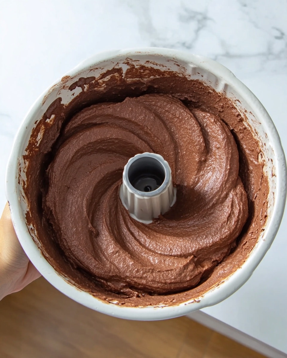 A close-up view of a white bundt pan filled with thick, smooth chocolate batter that has a soft, creamy texture. The batter layer is spread evenly inside the pan, with some chocolate residue visible on the sides. The pan is held from the bottom by a woman's hand, and the background is a white marbled surface with a hint of a wooden floor in the corner. photo taken with an iphone --ar 4:5 --v 7