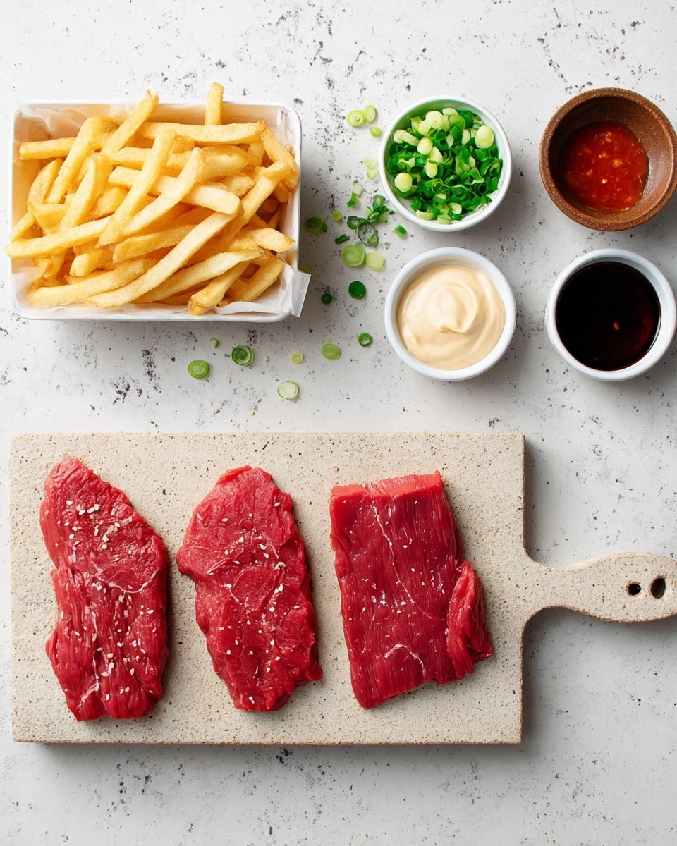 The image shows two raw red meat slices placed on a light stone cutting board with a handle on the right side. To the left, there is a white rectangular dish filled with light golden fries. Above the fries are three small white round bowls with green sliced onions, a mix of creamy white and red sauce, and dark soy sauce. On the far right side above the cutting board there is a small brown round bowl with a reddish-brown sauce. The whole setup is on a white marbled surface. photo taken with an iphone --ar 4:5 --v 7