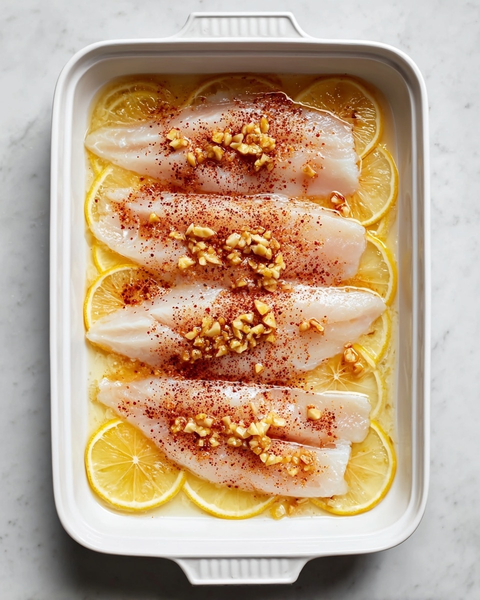 A white baking dish holds five thin fillets of raw fish arranged in a single layer. Underneath the fillets, there is a neat layer of round lemon slices lining the bottom of the dish. The fish fillets are pale with a slightly translucent texture, topped with small pieces of minced garlic and sprinkled evenly with a reddish-brown spice, giving a soft contrast in color. The dish sits on a white marbled surface. photo taken with an iphone --ar 4:5 --v 7