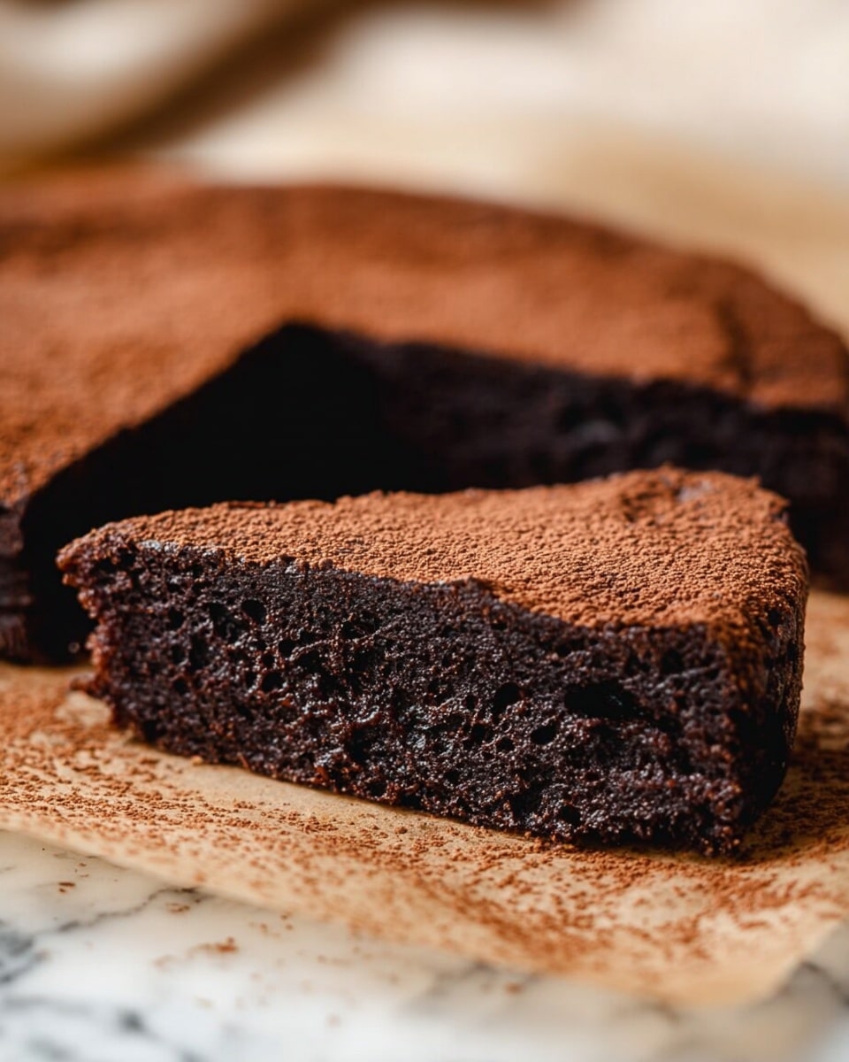 The image shows a close-up view of two thick, dark brown chocolate cake slices placed on light brown parchment paper that lies on a white marbled surface. Each slice has a soft, moist texture with a slightly crumbly top layer dusted with a fine layer of cocoa powder. The rich, dense inside of the cake is visible, showing a deep, almost black chocolate color with small holes and air pockets. The background is softly blurred, highlighting the sharp details of the cake slice edges and the cocoa dust on the paper. Photo taken with an iphone --ar 4:5 --v 7