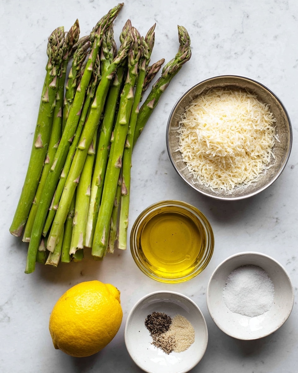 A clean white marbled surface holds a group of long, fresh green asparagus spears with light tips placed on the left side. On the top right, two silver metal bowls hold light beige breadcrumbs and shredded white cheese, resembling two different textures of dry ingredients. Below them is a clear round glass bowl filled with golden olive oil. To the right of the oil is a small white bowl containing coarse salt, and below that is another white bowl with small piles of black pepper, white salt, and minced garlic. A whole bright yellow lemon is positioned near the center bottom, adding a pop of color. The arrangement is neat and bright, emphasizing fresh and simple ingredients. photo taken with an iphone --ar 4:5 --v 7