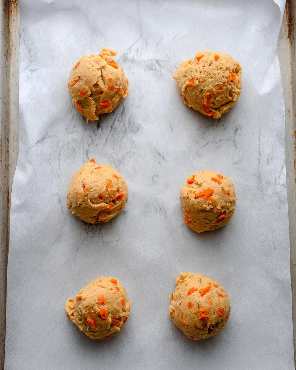 The image shows six round scoops of cookie dough placed on a white parchment paper that covers a baking tray. Each dough scoop is light brown with small pieces of orange carrot mixed inside, giving a slightly rough texture. The dough balls are evenly spaced out in two vertical columns of three. The background visible around the parchment paper is a white marbled texture. Photo taken with an iphone --ar 4:5 --v 7