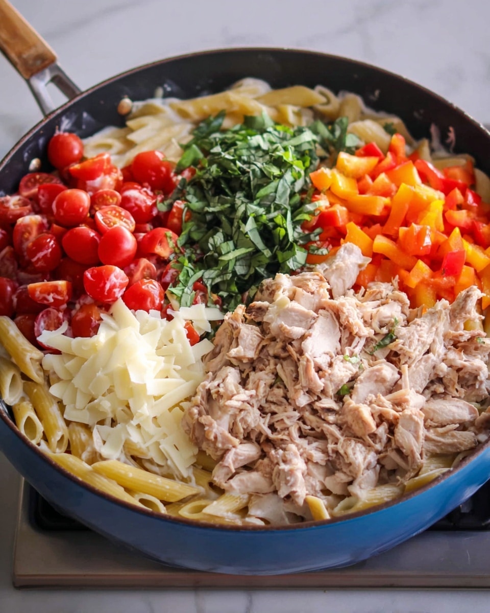 A pan filled with cooked penne pasta forms the base layer, creamy white sauce spread over part of the pasta, topped with a layer of small red cherry tomatoes on one side, shredded cooked chicken with light brown and pink shades covering a large portion next to the tomatoes, bright chopped orange and red bell peppers piled on another part, thinly sliced dark green fresh basil placed at the center, and thin white cheese shavings scattered on the opposite side of the chicken. The pan is dark on the inside and blue on the outside, all set on a white marbled surface. Photo taken with an iphone --ar 4:5 --v 7