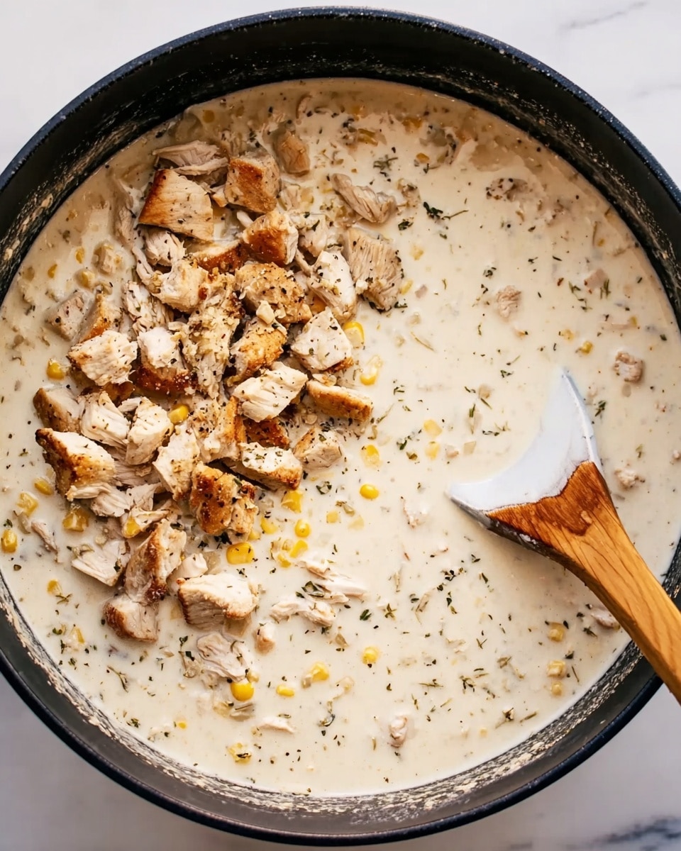 A close-up view of a large black pot filled with creamy white soup mixed with small bits of corn and herbs. On top of the soup, there is a pile of cooked, chopped brown and white chicken pieces scattered in the middle. A wooden spoon with a light brown handle and a white silicone head rests inside the pot on the right side, partly submerged in the soup. The pot sits on a white marbled surface, highlighting the creamy texture of the soup and the rustic chicken chunks photo taken with an iphone --ar 4:5 --v 7