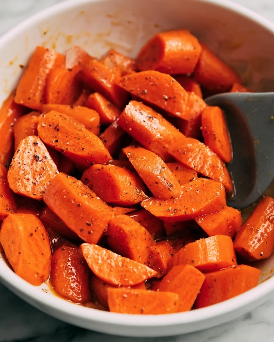 The image shows a close-up of bright orange carrot pieces in a white bowl. The carrots are cut into thick chunks, some shaped like thick coins and some in longer, slanted chunks. The carrot pieces are coated with a shiny layer of seasoning that looks oily with visible black pepper specks. A dark gray spatula is partially visible on the right side, mixing or scooping the carrots. The background is a white marbled texture. photo taken with an iphone --ar 4:5 --v 7