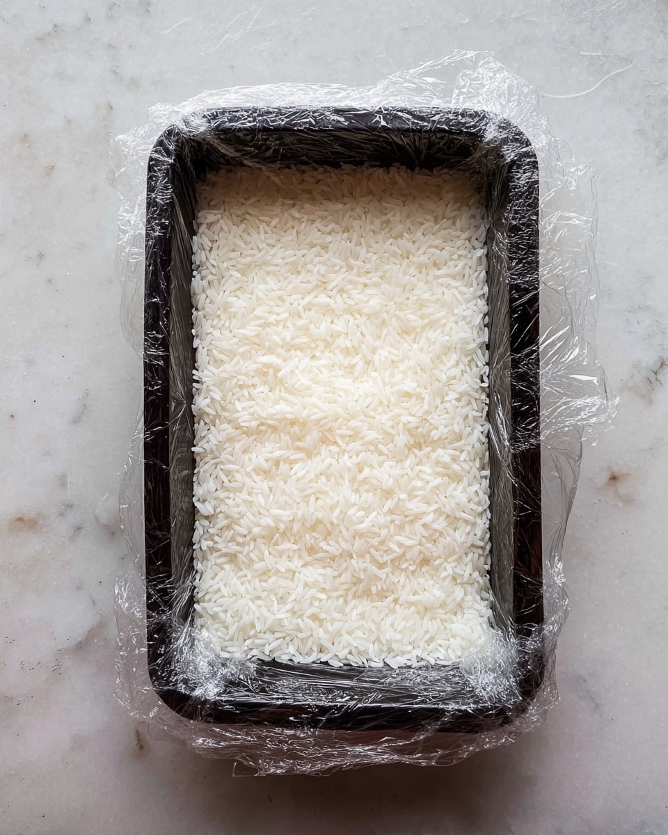 A dark rectangular dish lined with clear plastic wrap holds a single even layer of sticky white rice filling the container neatly from edge to edge. The rice grains look soft and slightly shiny against the black background of the dish, which rests on a white marbled surface. The plastic wrap wraps loosely around the edges of the dish, showing crinkles and folds. Photo taken with an iphone --ar 4:5 --v 7