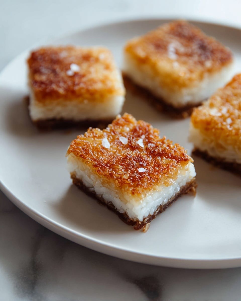 Four small rectangular pieces of crispy rice on a white plate, each having three visible layers: a dark brown thin bottom layer, a thick middle layer of white sticky rice, and a golden brown top layer with a crunchy texture. Small grains of salt are sprinkled on the rice pieces. The plate sits on a white marbled surface. Photo taken with an iphone --ar 4:5 --v 7