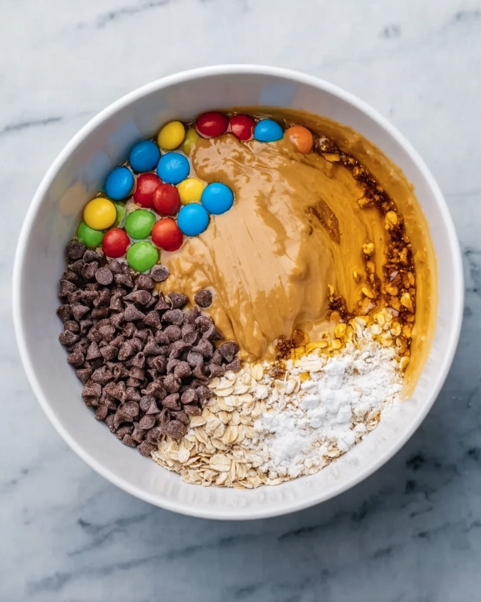 A white bowl on a white marbled surface holds multiple ingredients layered separately. There is a smooth, creamy light brown peanut butter layer in the center, surrounded by small colorful candy pieces in red, blue, green, yellow, and orange on the left. Below the candies, a dark brown layer of small chocolate chips sits close to the bottom edge. On the right side, there is a rough mixture of white oats and white powder, and a golden honey layer fills the rest of the space, creating a shiny, sticky texture. The ingredients are all clearly separated and visible. Photo taken with an iphone --ar 4:5 --v 7