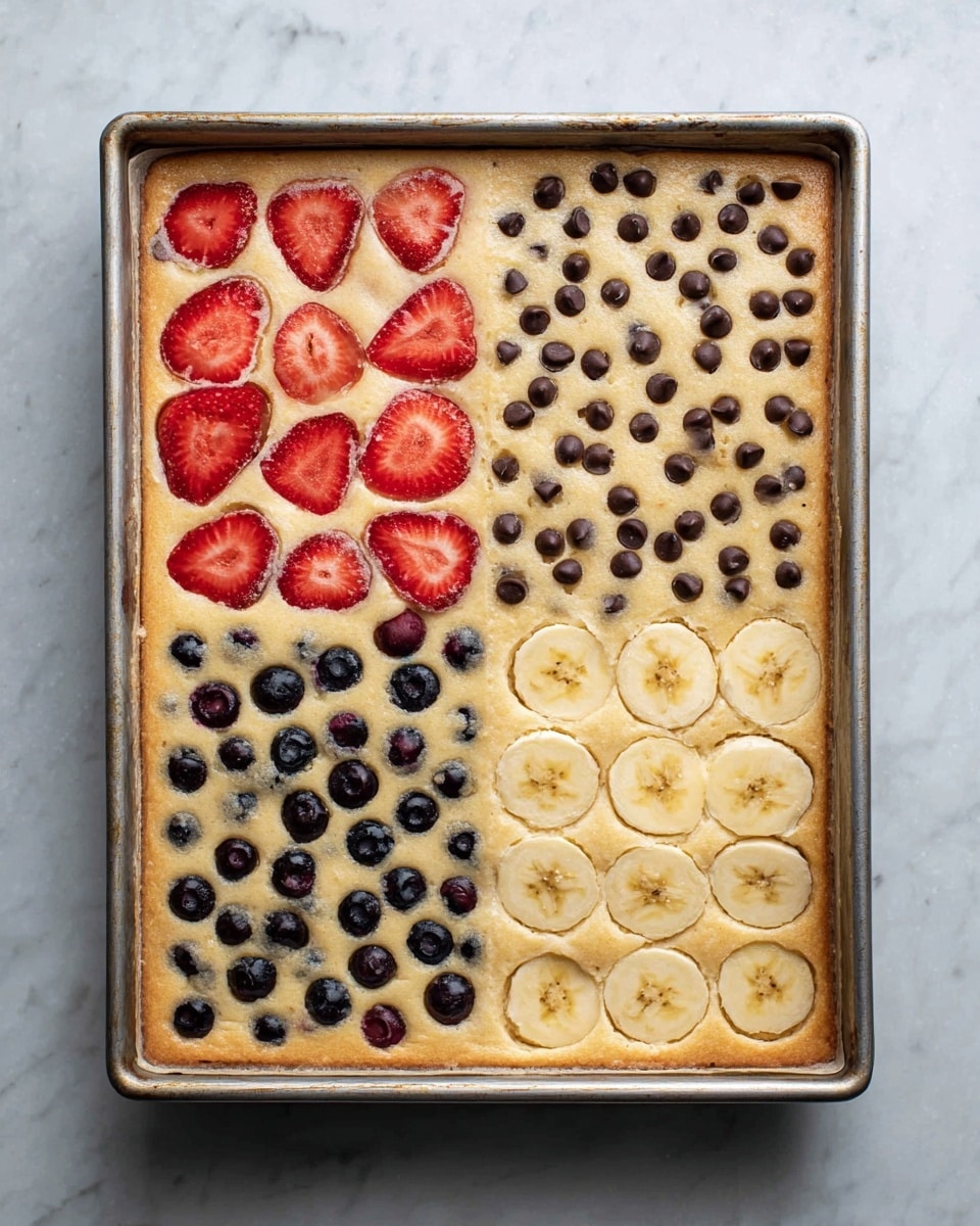 The image shows a rectangular sheet cake in a metal pan on a white marbled surface. The cake is divided into four parts with different toppings. The top left quarter has red strawberry slices spread evenly over a light golden brown cake layer. The top right quarter has small dark chocolate chips scattered on the cake. The bottom left quarter has whole blueberries embedded in the cake, creating small dark spots on the golden surface. The bottom right quarter has light yellow banana slices placed evenly on the cake. The cake’s surface is smooth with a light browning, and the pan edges are slightly worn. Photo taken with an iphone --ar 4:5 --v 7