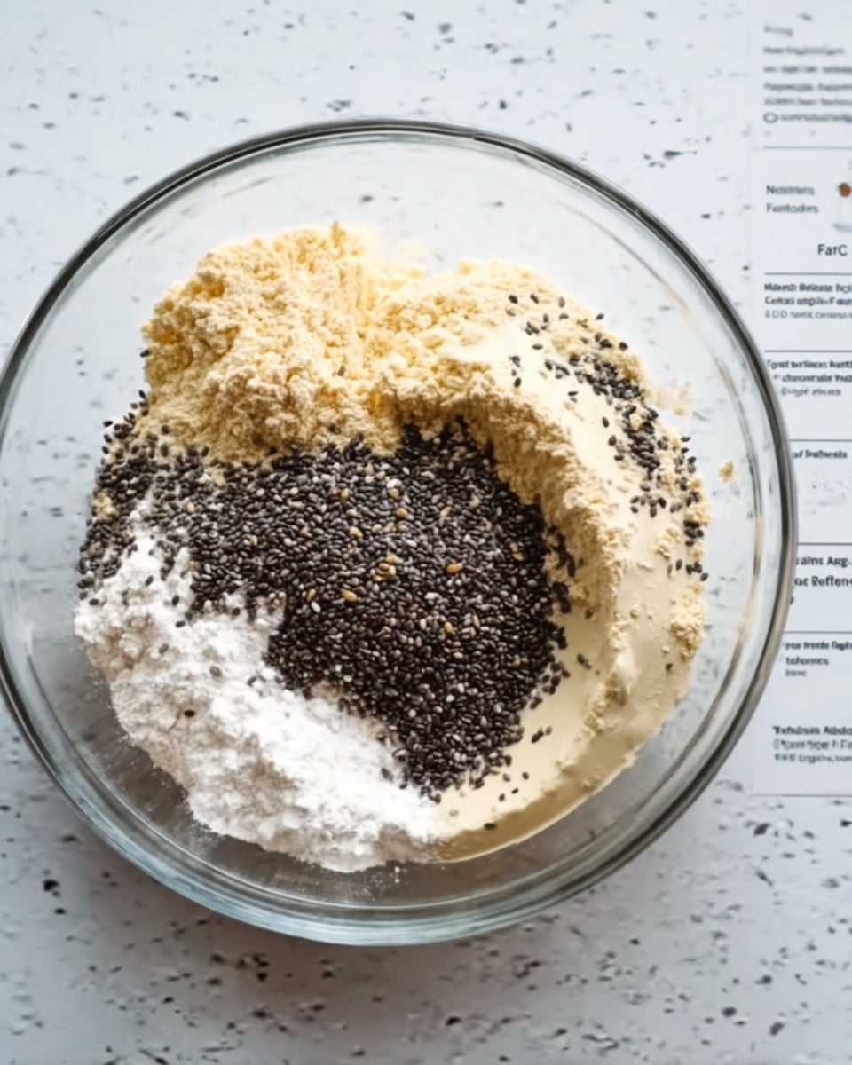 A clear glass bowl holds several dry ingredients layered in a rough circle shape. The base is a light beige powder, with a mound of white powder on one side. On top of these powders are many small dark seeds clustered mainly in the middle, with some scattered around. The background is a white marbled surface with part of a nutrition facts sheet visible under the bowl. photo taken with an iphone --ar 4:5 --v 7