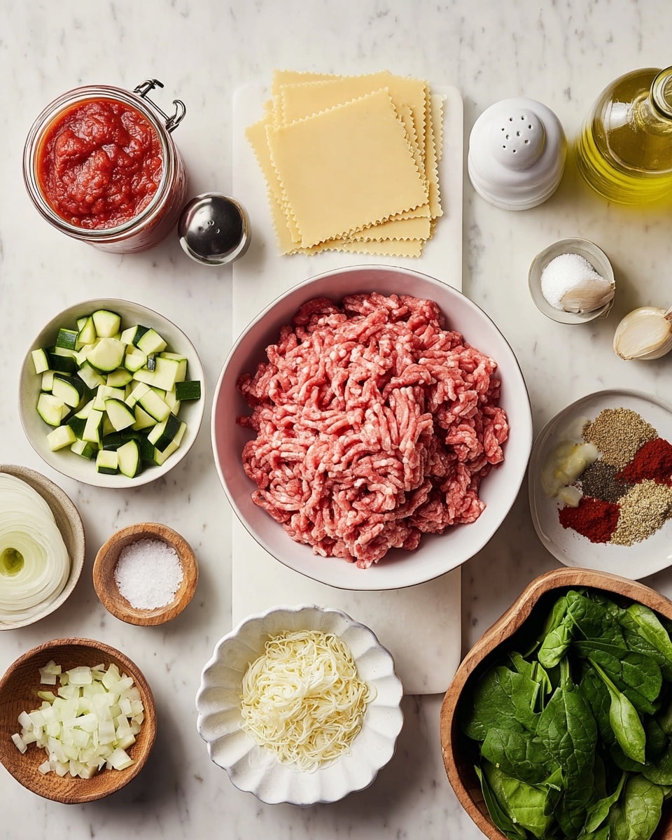 The image shows a top view of various cooking ingredients arranged on a white marbled surface. In the center, there is a white bowl filled with raw ground meat, pink and textured. Surrounding it are several small bowls and containers: diced green zucchini in a white bowl at the bottom left, finely chopped white onions in another white bowl below it, minced garlic in a small wooden bowl above, a white pepper grinder, and a tiny bowl of salt. To the left, there is a glass jar with red tomato sauce, and next to it, a folded stack of yellowish square sheets, likely pasta. On the right side of the meat bowl, a tall glass bottle with a yellow liquid, a small wooden bowl of mixed spices, a white scalloped bowl filled with grated cheese, and a wooden bowl filled with fresh green spinach leaves are visible. Near the wooden bowl with spinach, there is a glass jar with a red sauce. The whole setup is neat and well-lit. Photo taken with an iphone --ar 4:5 --v 7