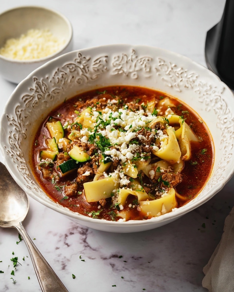 This image shows a black slow cooker filled with a thick soup made of red tomato broth. Inside the soup, there are several layers including wide, flat yellow pasta pieces spread throughout, small pieces of browned ground meat mixed evenly, small green zucchini chunks, and finely chopped green herbs sprinkled on top. The surface is lightly dusted with white grated cheese, creating small speckles. The slow cooker is placed on a white marbled surface. photo taken with an iphone --ar 4:5 --v 7