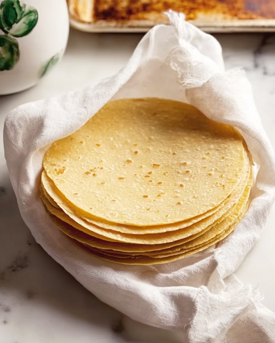 A stack of six light yellow corn tortillas with a slightly spotted texture, resting on a soft white cloth that is loosely wrapped around them. The stack is placed on a white marbled surface with a hint of a baking tray's rusty edge visible at the top. To the left side, a part of a white ceramic container with a green design is partially shown. The overall scene looks cozy and warm, with soft natural light emphasizing the tortillas' texture and the cloth's folds. Photo taken with an iphone --ar 4:5 --v 7