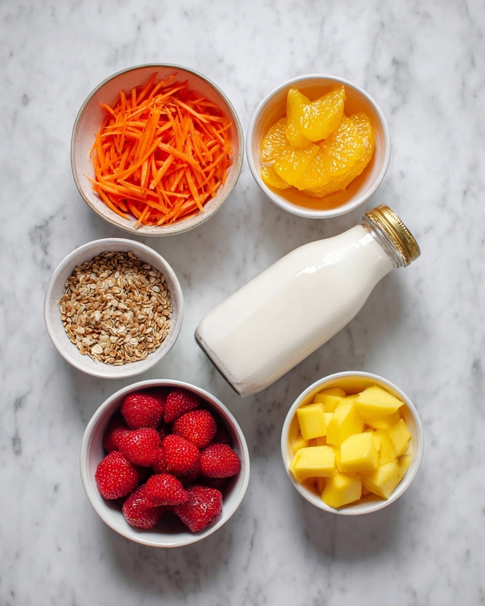 Five small white bowls are placed on a white marbled surface in a loose circle. The top left bowl holds shredded bright orange carrots with a soft texture. Above it, a small bowl contains light brown flax seeds with a smooth texture. To the top right, another bowl is filled with bright yellow-orange orange slices, juicy and slightly translucent. At the bottom left, a bowl contains chopped red strawberries with a shiny surface and slight liquid. To the bottom right, a bowl has yellow mango chunks, slightly soft and cubed. In the center right, a clear glass bottle with a gold lid is lying down filled with white almond milk. photo taken with an iphone --ar 4:5 --v 7