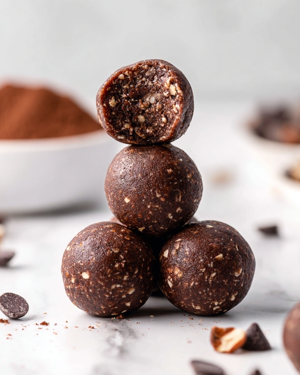 The image shows four round chocolate energy balls stacked in a small pyramid on a white marbled surface. The three balls at the bottom have a smooth, dark brown texture with small light-colored nut pieces visible inside. The top ball has a bite taken out, revealing a dense, crumbly interior filled with finely chopped nuts and chocolate bits. Around the balls on the surface, there are a few scattered chocolate chips, some whole and some split open to show the inner texture. In the blurred background, there is a white bowl slightly out of focus containing more chocolate powder. photo taken with an iphone --ar 4:5 --v 7