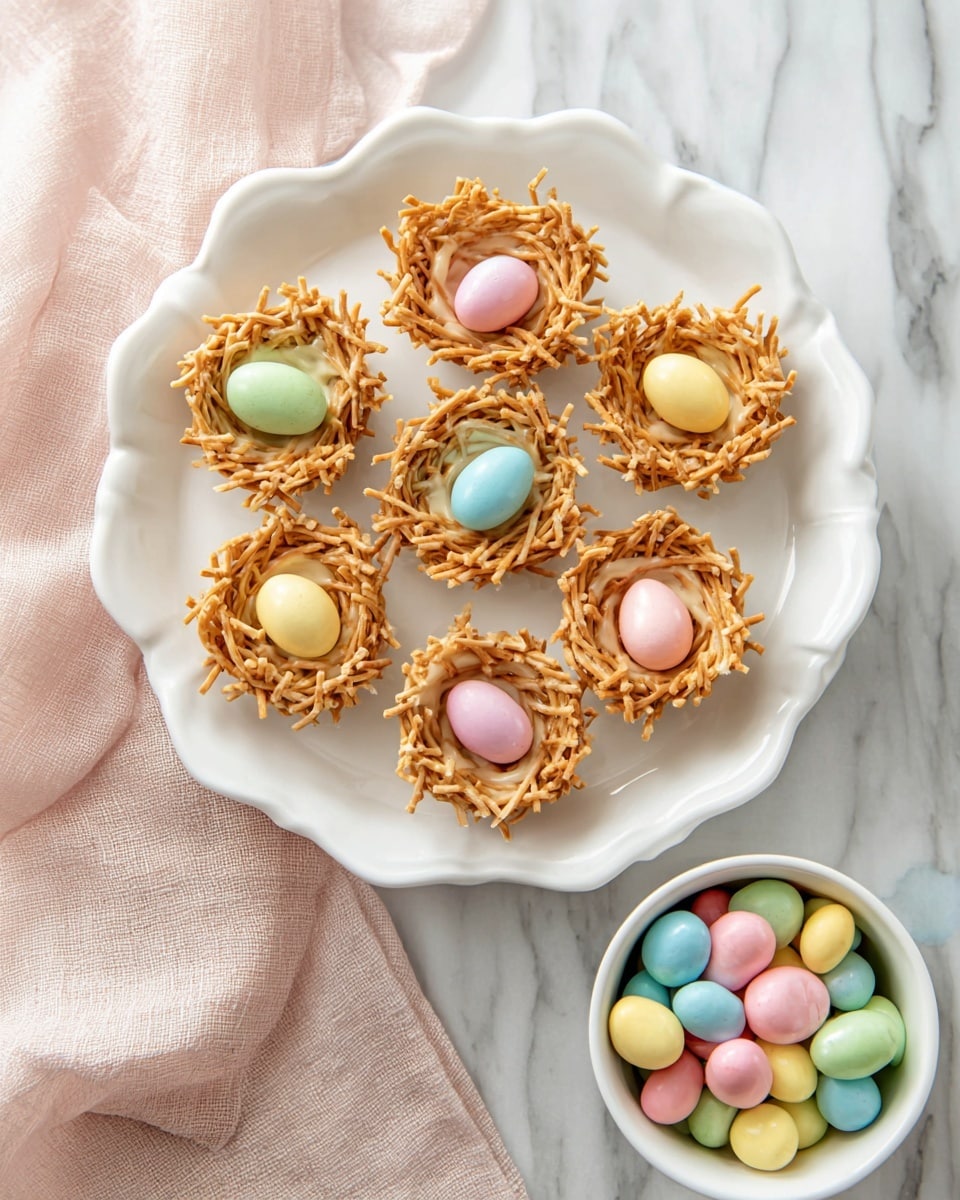 The image shows eight small nests made from light brown, crunchy sticks held together with a creamy coating, arranged neatly on a large white plate with a scalloped edge. Each nest holds three smooth, pastel-colored egg-shaped candies in shades of pink, green, yellow, and blue, sitting in the center. Next to the plate is a white bowl filled with more of the colorful egg candies. The setting is on a white marbled surface with a soft pink cloth nearby, adding a gentle touch to the scene. photo taken with an iphone --ar 4:5 --v 7