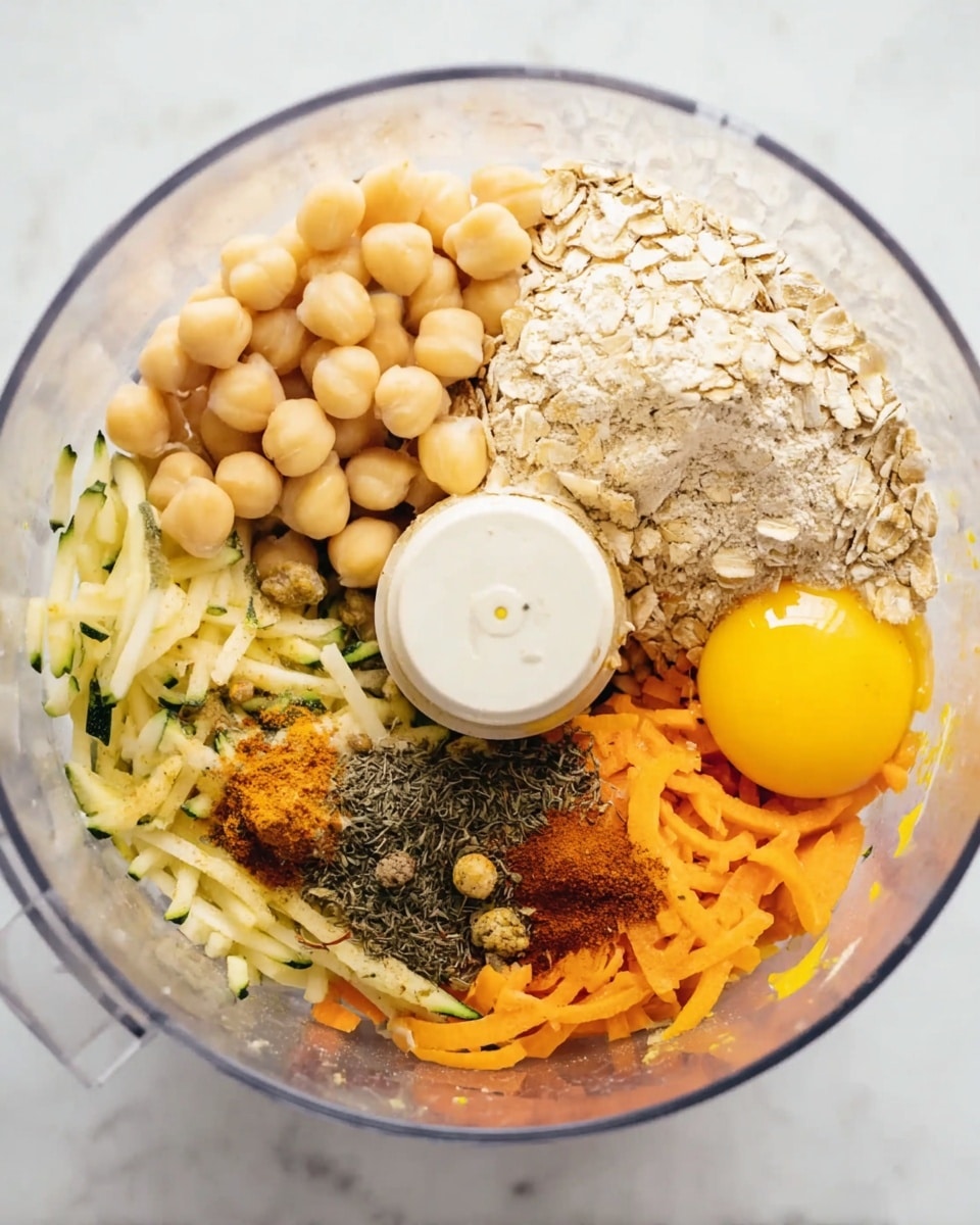A clear food processor bowl filled with several distinct layers and colors of ingredients arranged around the center blade. On the top left, there are light beige chickpeas shaped like small round balls. Next to that on the top right is a layer of finely ground beige oats with a powdery texture. Below the oats on the right side are two bright yellow egg yolks, smooth and shiny. Moving clockwise, there is a mix of thin orange shredded carrots and green shredded zucchini. Near the bottom center are small chunks of white onion mixed with dark green dried herbs and a small pile of reddish-brown spice powder. The clear bowl sits on a white marbled textured surface. Photo taken with an iphone --ar 4:5 --v 7