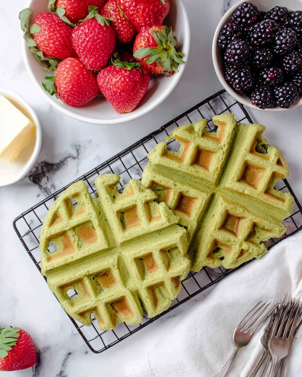Two green waffles with golden brown edges and a textured grid pattern lay side by side on a black cooling rack, placed on a white marbled surface. Toward the top of the image, a white bowl filled with bright red strawberries with green leaves rests next to another white bowl holding dark purple blackberries, with a few blackberries scattered nearby. On the left side, a white bowl containing a pat of butter is partially visible. A white cloth napkin and multiple silver forks appear at the bottom right corner. The overall scene is bright and clean. photo taken with an iphone --ar 4:5 --v 7