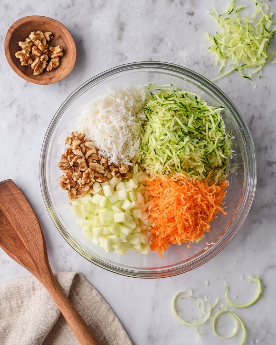 A clear glass bowl sits on a white marbled surface, divided visually into five piles of ingredients. The top right pile is green and shredded zucchini with a fresh texture, below it on the bottom right is bright orange shredded carrot with fine texture. The bottom left pile consists of pale yellow shredded apple with a soft texture, and on the top left is a white shredded ingredient that looks like coconut with a fibrous texture. Next to it on the left is a pile of chopped brown nuts with a rough texture. Nearby, a woman's hand is holding a wooden spoon resting on a beige cloth. Some light green vegetable peelings curl loosely on the marbled surface. Photo taken with an iphone --ar 4:5 --v 7