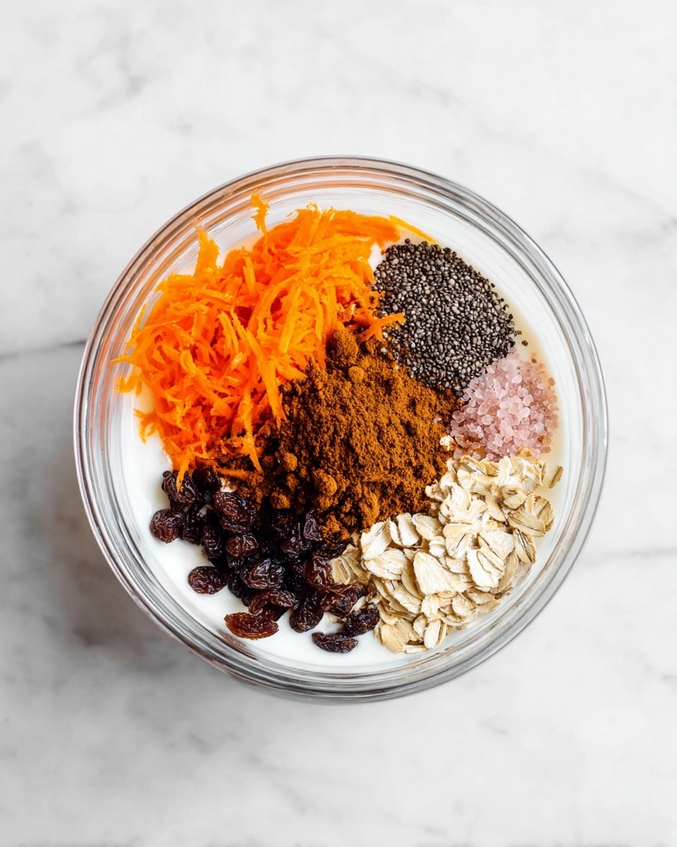 A clear glass bowl on a white marbled surface holds six distinct layers arranged separately in sections. Starting from the left, there is a bright orange layer of shredded carrot, followed by a small pile of black chia seeds and a mound of brown cinnamon powder near the top center. Below the cinnamon powder, dark brown raisins form another section, next to a sprinkle of coarse pink salt towards the center. At the bottom right, there are light beige rolled oats, and a smooth white yogurt base fills the rest of the bowl, visible around and beneath the dry ingredients. The photo taken with an iphone --ar 4:5 --v 7
