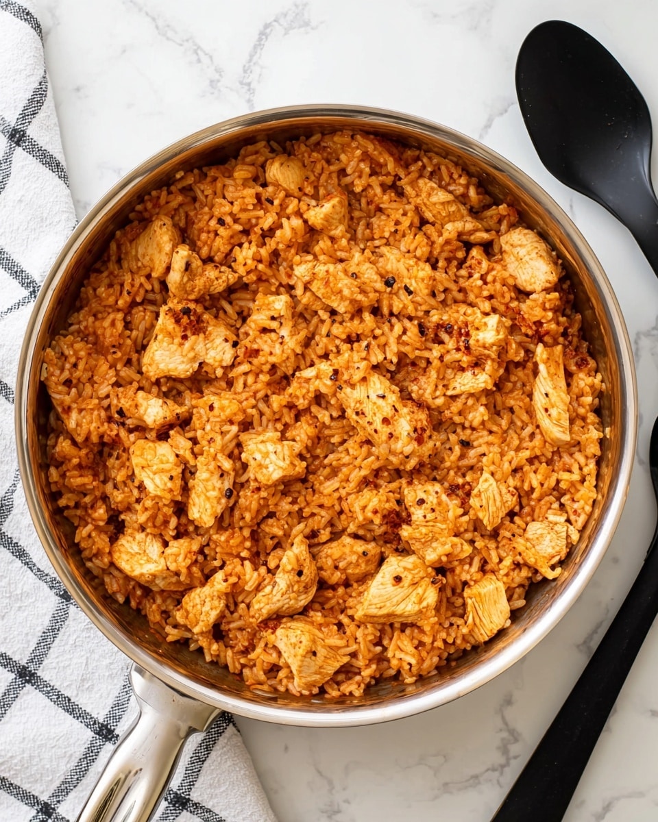 A silver pan filled with cooked rice mixed with pieces of chicken all covered in a reddish-orange sauce with a slightly oily texture, topped with scattered black pepper flakes. The rice is evenly mixed with the chicken, showing a soft and moist texture. The pan sits on a white marbled surface next to a black spatula on the right and a white and black checkered cloth on the left. photo taken with an iphone --ar 4:5 --v 7