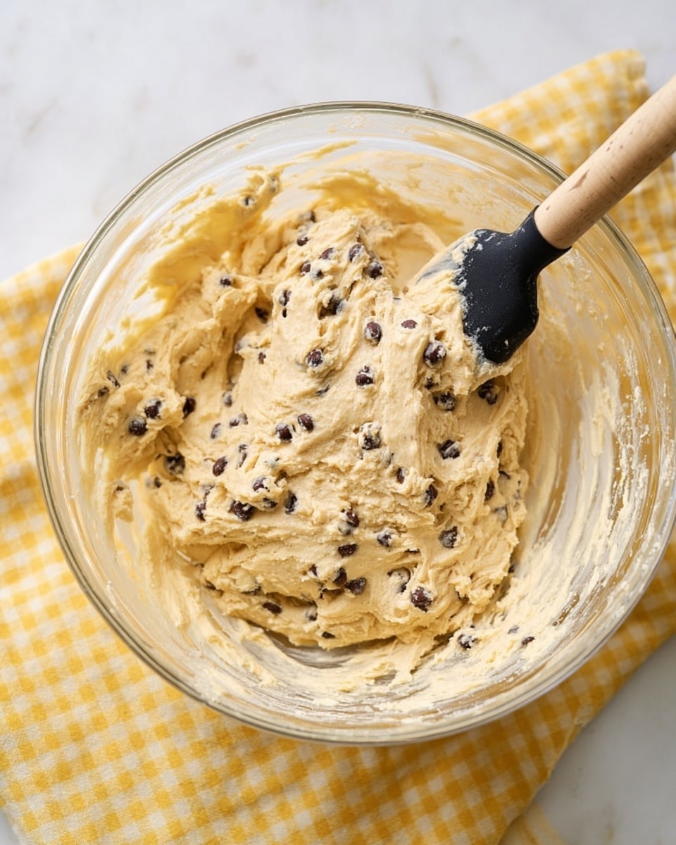 A clear glass bowl sits on a yellow checkered cloth over a white marbled surface, filled with thick, creamy cookie dough mixed with small dark chocolate chips spread evenly throughout. The dough is light beige with a smooth, slightly fluffy texture, and a black spatula with a wooden handle rests inside the bowl on the right side, partially covered with dough. The bowl shows some dough stuck on its sides, highlighting the mixture’s softness and creaminess. photo taken with an iphone --ar 4:5 --v 7