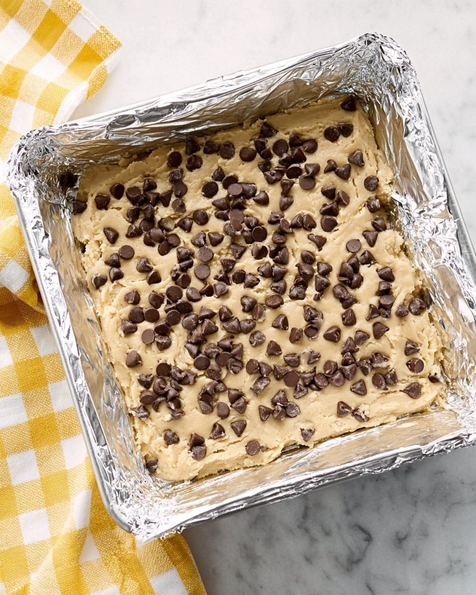 A square baking pan lined with shiny silver foil holds one thick layer of light beige cookie dough with a slightly rough texture. On top, many small dark brown chocolate chips are spread unevenly across the surface. The pan is placed on a white marbled surface with a yellow and white checkered cloth nearby. photo taken with an iphone --ar 4:5 --v 7