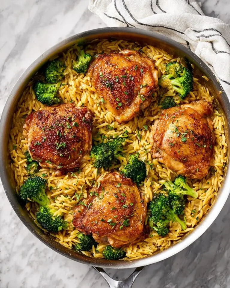 Skillet Chicken Thighs with Broccoli Cheddar Orzo Recipe
