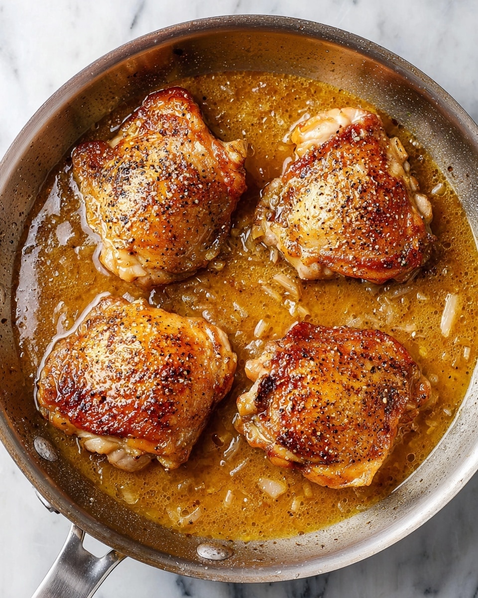 The image shows a stainless steel pan with four pieces of golden brown chicken thighs sitting in a light brown sauce with visible small bits of onion and seasoning. The chicken pieces have a crispy, speckled skin with coarse salt and pepper on top, and they are arranged comfortably but not overlapping in the sauce. The sauce has an oily sheen and some bubbles on the surface, giving it a rich, juicy texture. The pan is sitting on a white marbled surface. photo taken with an iphone --ar 4:5 --v 7