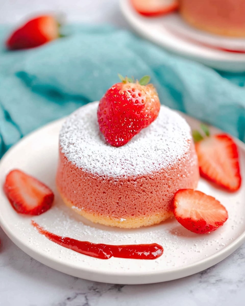 A single round pink cake with a soft, airy texture sits at the center of a white plate. It has a dusting of white powdered sugar on top, and a halved fresh red strawberry rests on the cake's top layer. On the plate, near the base of the cake, there is a smooth red sauce streak, and several halved strawberries are scattered around. The cake’s surface looks light and spongy, with a slightly caramelized bottom edge. The background is a bright white marbled texture, and a turquoise cloth is partly visible next to the plate. photo taken with an iphone --ar 4:5 --v 7