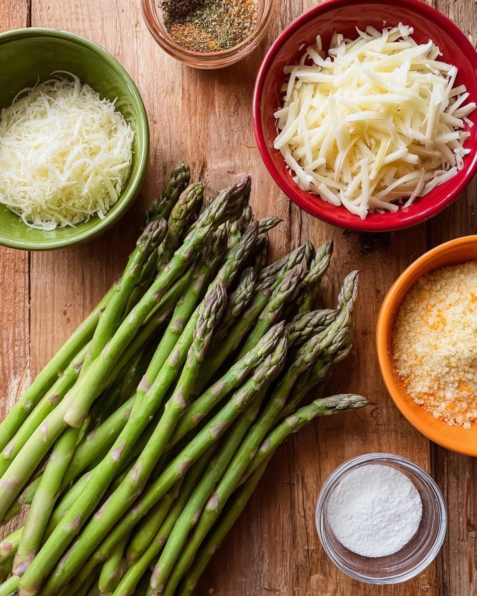 A bunch of fresh green asparagus spears lay diagonally on a wooden surface, showing their pointed tips and stalks. Surrounding them are small bowls placed in a circular arrangement, with a red bowl filled with shredded white cheese at the top right, a green bowl with a mix of spices or seasoning to the upper left, an orange bowl containing breadcrumbs to the right, and a small clear bowl holding white flour at the bottom of the bunch. The wooden surface has a natural texture, and the overall scene shows fresh ingredients prepared for cooking photo taken with an iphone --ar 4:5 --v 7