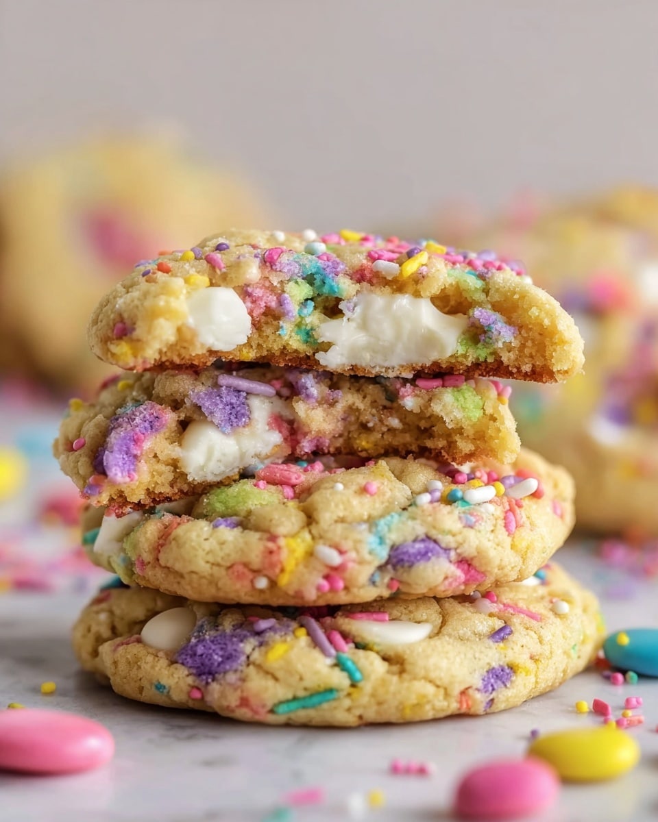 A close-up image shows a stack of three soft cookies on a white marbled surface, each cookie is thick and golden brown with a slightly rough texture. The cookies have colorful sprinkles in pink, yellow, purple, green, and blue scattered on top and throughout the dough. Visible inside the broken top cookie are white melted chunks that look creamy and smooth. In the background, blurred colorful candy pieces are scattered, adding a playful touch to the scene. Photo taken with an iphone --ar 4:5 --v 7