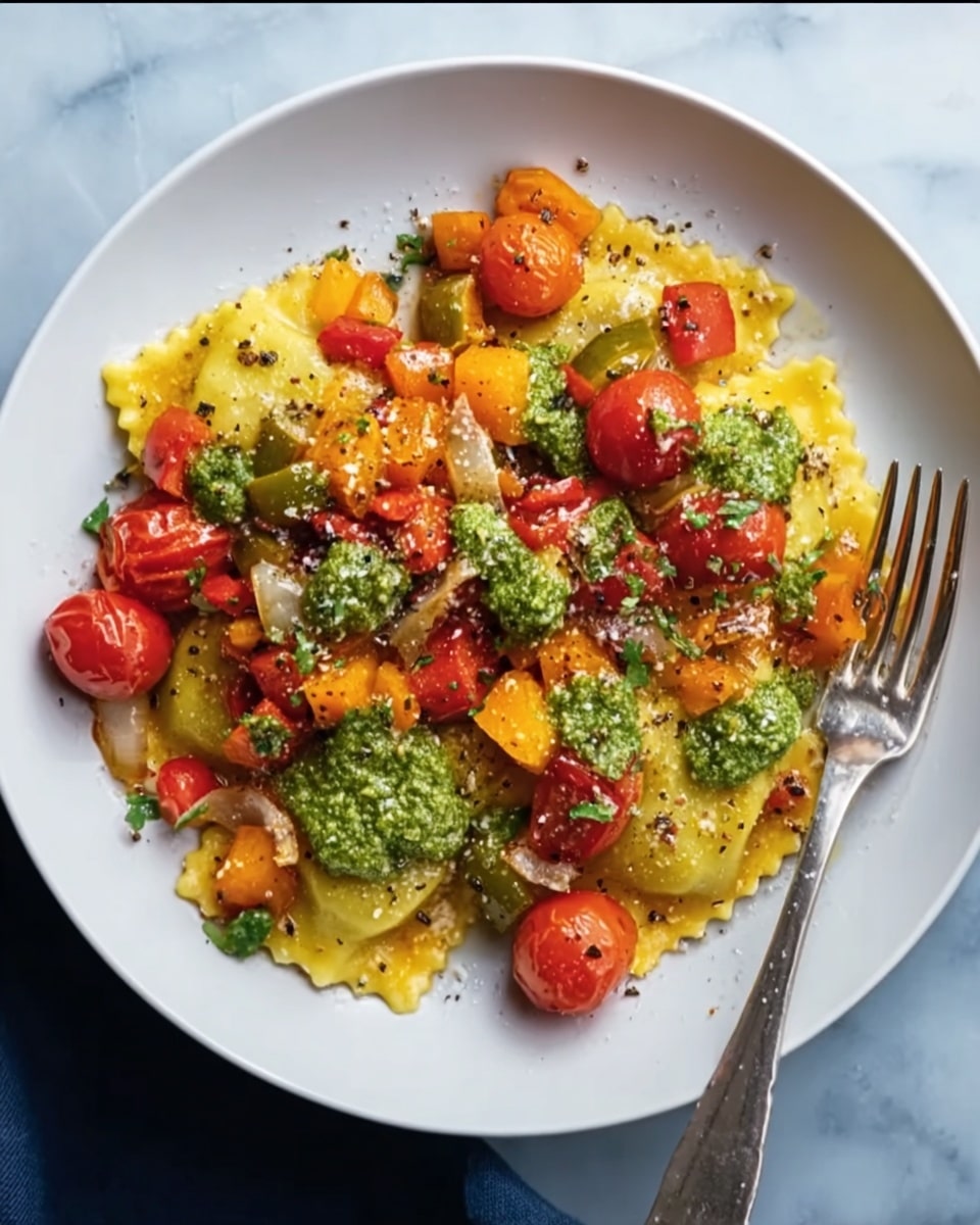 A white plate holds a colorful layered dish of ravioli pasta at the bottom, with a yellow color and slightly wrinkled texture, topped with a mix of small chopped red and green bell peppers, bright orange squash, and cherry tomatoes that are roasted, showing a shiny and soft texture. There are dollops of green pesto sauce spread across the top, adding a rough, leafy texture. Small pieces of cooked onions and flecks of black pepper and grated cheese are sprinkled over the dish. A silver fork rests on the right edge of the plate, all set on a white marbled surface. Photo taken with an iphone --ar 4:5 --v 7