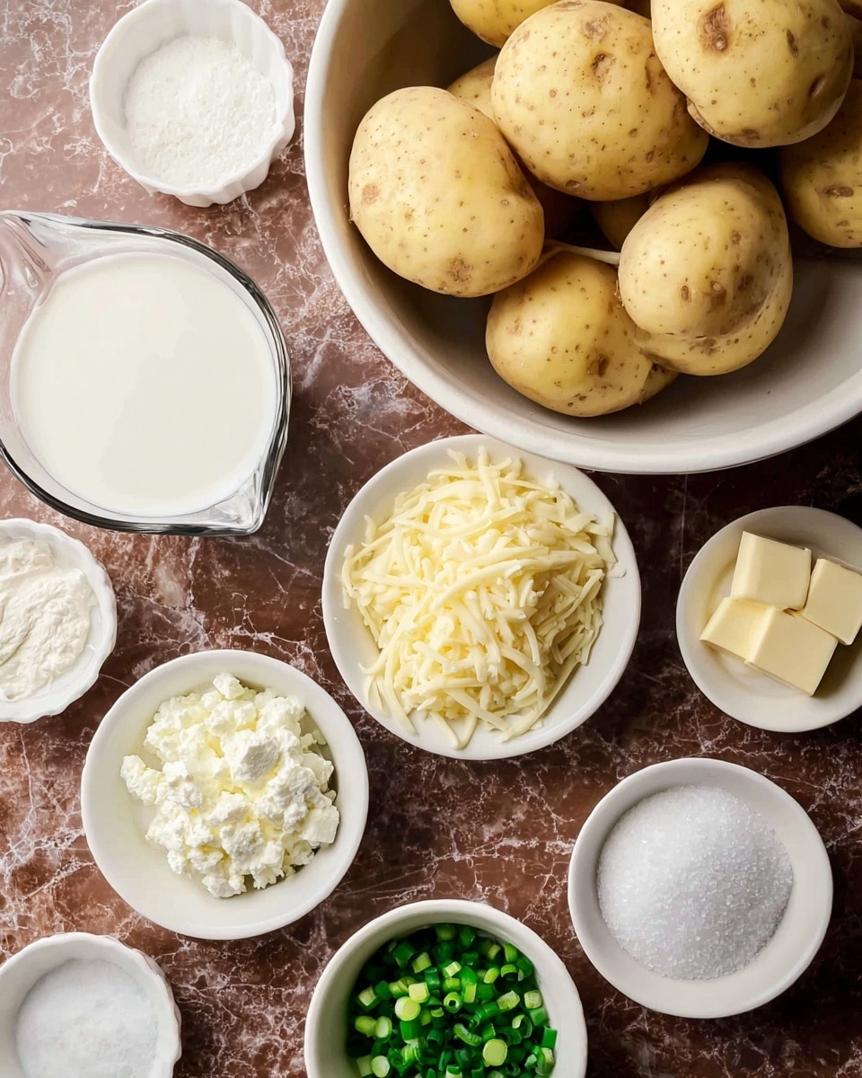 The image shows a top view of several small white bowls and a white bowl filled with raw yellow potatoes placed on a brown surface. The largest white bowl in the upper right is filled with whole yellow potatoes showing rough textures and small eyes. Below it, a small white bowl contains shredded pale yellow cheese with a soft texture. To the left of the cheese bowl, another small white bowl holds cottage cheese with a bumpy white texture. Near the bottom center, a bowl is filled with finely chopped green onions, vibrant and fresh. To the right, a white bowl contains a few cubes of pale yellow butter with smooth edges. There is also a glass measuring cup filled with white milk on the left side. Smaller white bowls with white powdery flour and granular white salt are also visible. The background is a white marbled surface photo taken with an iphone --ar 4:5 --v 7