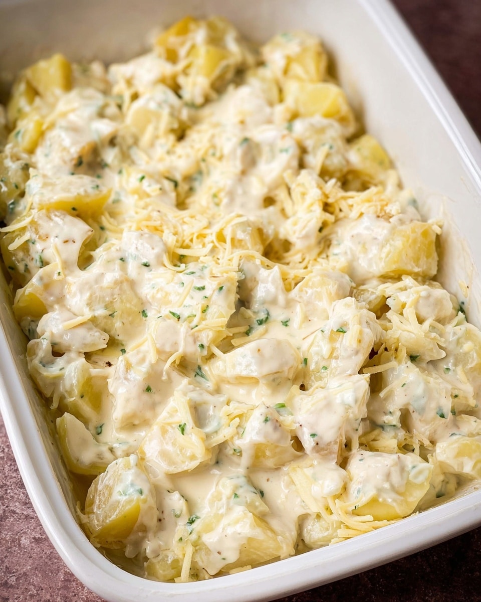 The image shows a white rectangular baking dish filled with thick chunks of pale yellow potatoes layered under a creamy white sauce that has small green herb flecks throughout. On top of the sauce are soft, shredded cheese pieces scattered unevenly, sitting over the chunky potatoes and sauce. The texture of the sauce looks smooth and rich, covering the potato pieces generously. The dish is placed on a brown surface but the focus remains on the creamy layered potato casserole in the clean white dish. photo taken with an iphone --ar 4:5 --v 7