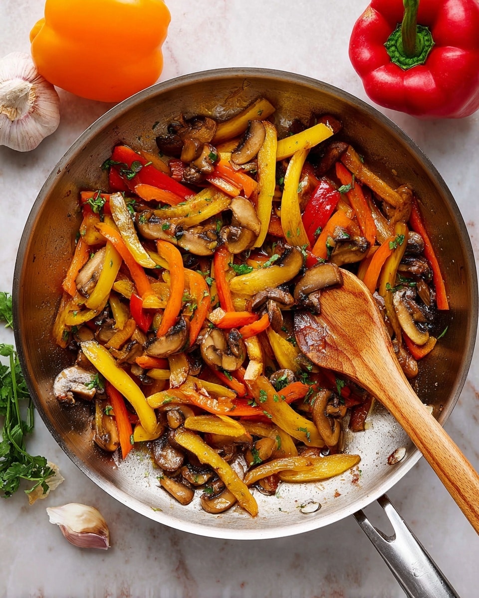 A shiny silver pan is filled with stir-fried vegetables including thick yellow, orange, and red pepper strips and brown sliced mushrooms, all mixed with small green herb pieces. A wooden spoon rests on the right side of the pan, slightly stirring the vegetables. The pan sits on a white marbled surface with an orange bell pepper on the top left corner and a red bell pepper on the top right corner. Fresh garlic and green herbs are visible near the bottom left edge. The vegetables look cooked with a light sauce giving them a glossy look photo taken with an iphone --ar 4:5 --v 7