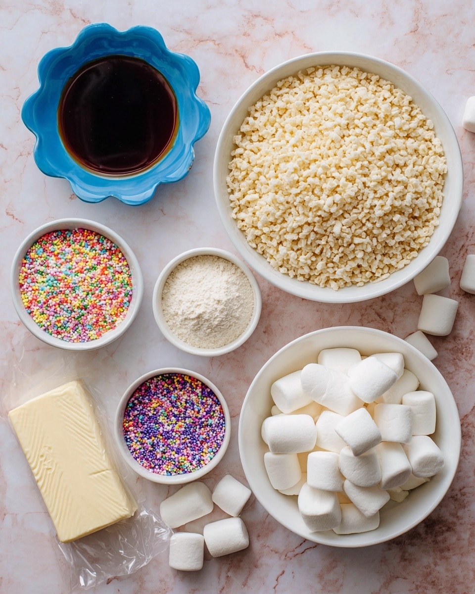 The image shows a white bowl filled with pale yellow puffed rice cereal placed on the left side, next to a white bowl with big, soft white marshmallows on the bottom right. Above these, there is a smaller white bowl with a scoop of off-white powder and another small white bowl with bright, colorful sprinkles in red, yellow, green, purple, and blue. There are several large marshmallows scattered on the white marbled surface around the bowls. A wrapped stick of butter is placed on the bottom left side, and a blue scalloped dish filled with a dark brown liquid is positioned at the top left corner. photo taken with an iphone --ar 4:5 --v 7