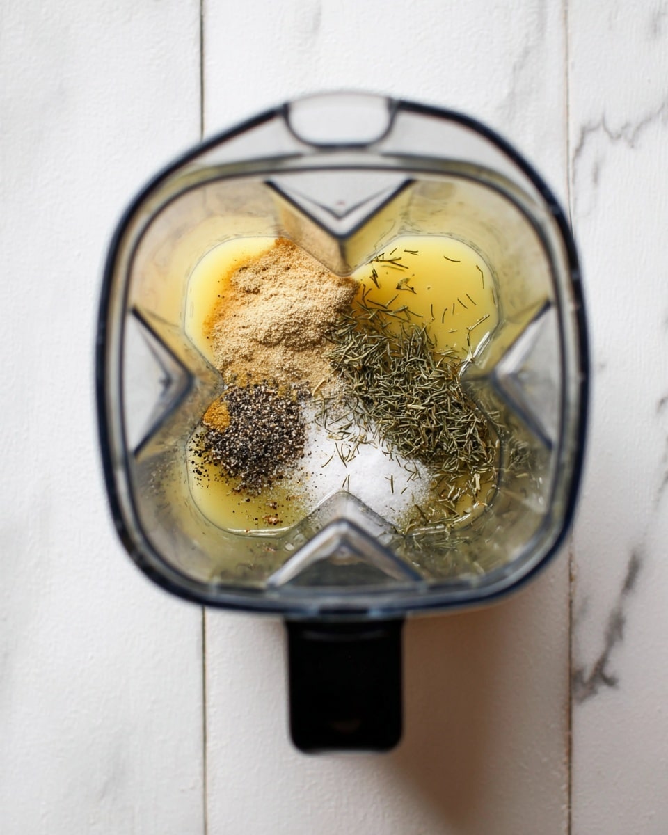 A top view of a blender with multiple ingredients inside. The base layer consists of a pale yellow liquid, likely oil, covering the bottom. On top of that, several dry spices and herbs form a layered patchwork: black pepper specks, light brown powder, white salt, and green dried herbs like dill scattered unevenly. The blender jar is clear with sharp angular faces, and the black handle is visible on the right side. The blender sits on a white marbled surface. Photo taken with an iphone --ar 4:5 --v 7