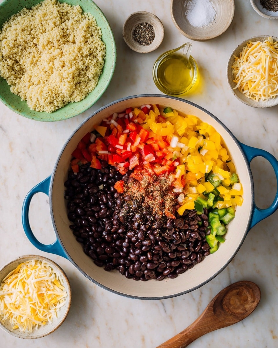 A white pot with a blue handle sits on a white marbled surface, filled with colorful diced vegetables including yellow, red, and green peppers forming the base layer, topped by a layer of shiny black beans, with some red tomato pieces and sprinkled spices in the center. Nearby, there is a green bowl filled with cooked light tan quinoa and a white bowl holding a mix of shredded white and orange cheese. Small dishes with black pepper and coarse salt, a glass container of light yellow oil, and a small wooden spoon rest on the surface around the pot. Photo taken with an iphone --ar 4:5 --v 7