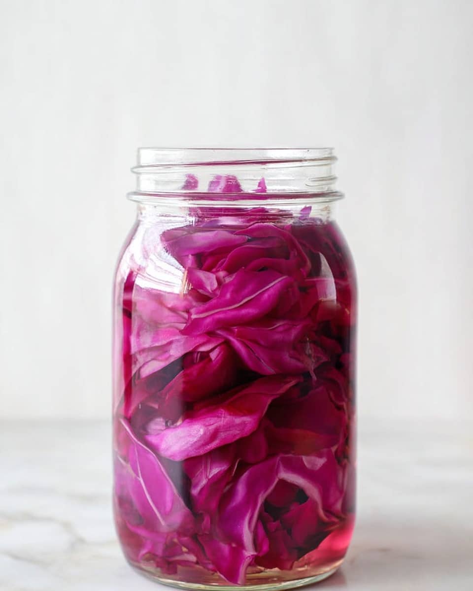 A clear glass jar filled with thick pieces of bright pink and purple cabbage soaked in liquid. The jar shows the cabbage layered tightly inside, with some pieces pressed against the glass, showing their texture and veins. The liquid has a slightly pink color from the cabbage. The background is a white marbled surface with soft natural light. photo taken with an iphone --ar 4:5 --v 7