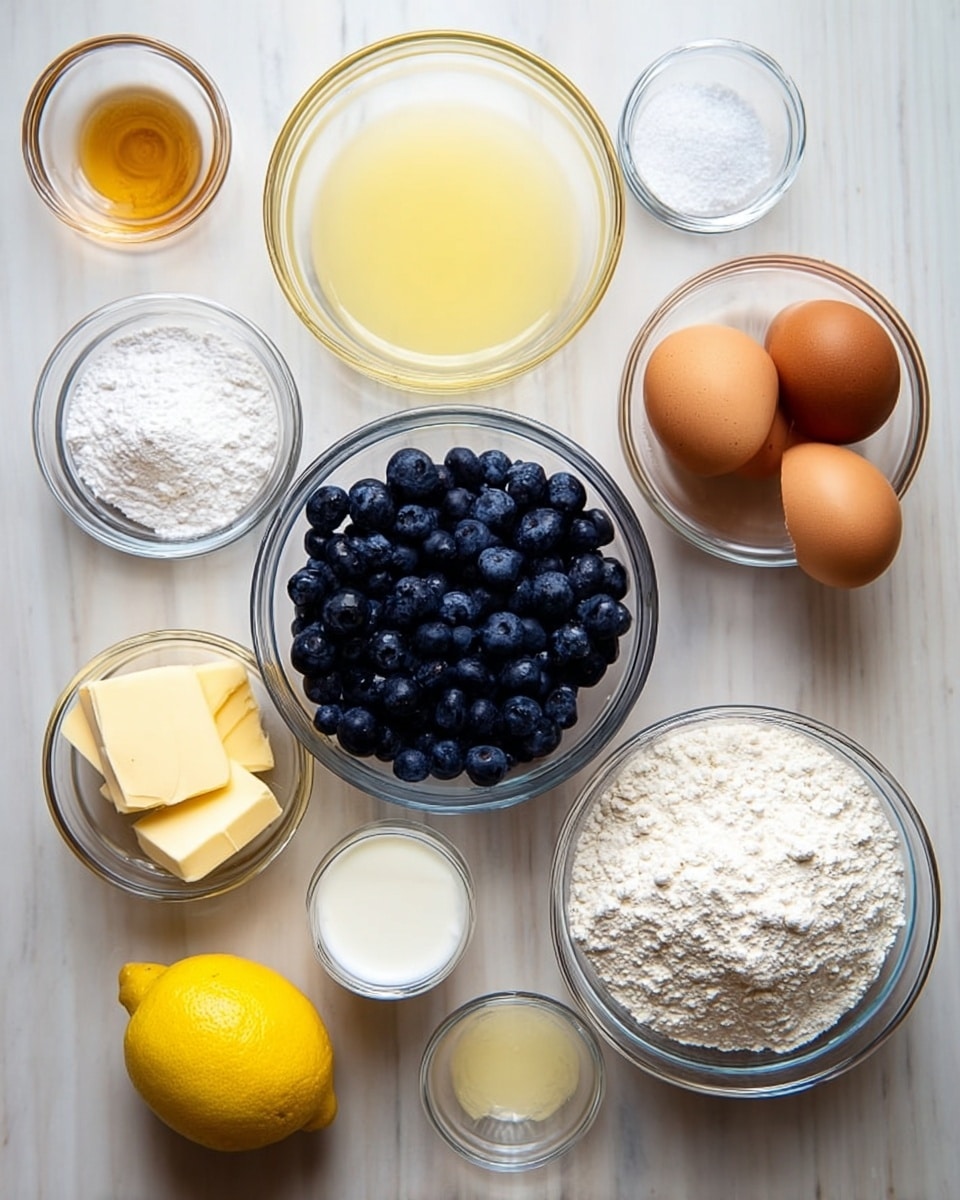 The image shows several clear glass bowls arranged on a white marbled surface, each containing different baking ingredients. There are four brown eggs in a bowl in the top right, a medium bowl of fresh blueberries in the center, and a medium bowl of white flour in the bottom left. Smaller bowls hold white sugar, salt, melted yellow butter, a pale yellow butter cube, a light brown liquid, and white milk. A whole yellow lemon sits in the lower left corner, completing the arrangement. The setup looks clean and ready for baking. photo taken with an iphone --ar 4:5 --v 7