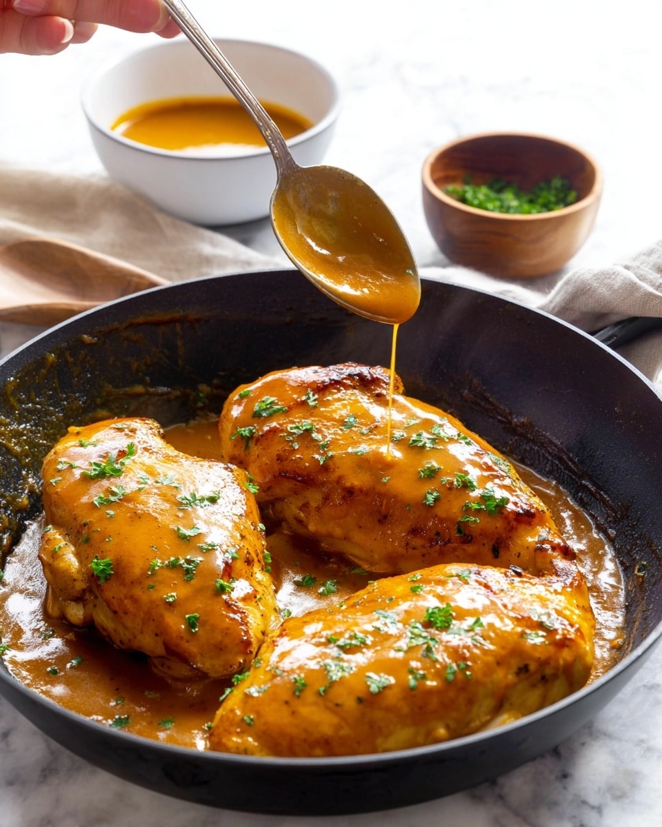 The image shows three golden brown cooked chicken pieces in a black pan with glossy orange sauce covering them. The sauce looks thick and shiny, and is being drizzled with a spoon held by a woman's hand on the left side. Small green parsley leaves are sprinkled on the chicken, adding a fresh touch. In the background, there are two small bowls, one white with orange sauce inside and one wooden with green herbs. The whole scene is set on a white marbled surface. photo taken with an iphone --ar 4:5 --v 7
