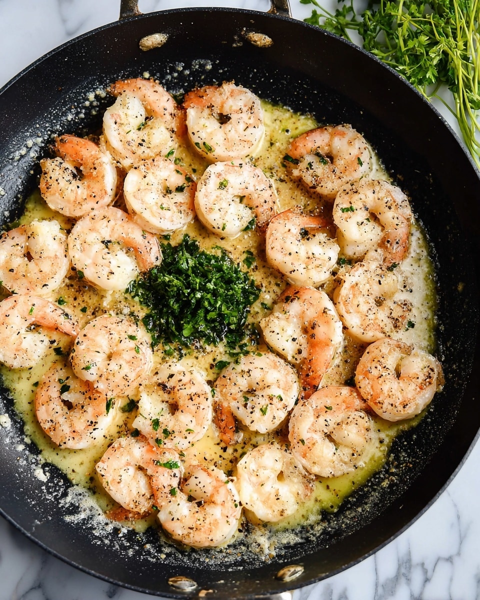 A black frying pan filled with one layer of cooked shrimp arranged around the edges and center, the shrimp are pale pink with white accents and have a soft, slightly rough texture, lightly seasoned with black pepper. The pan contains a light, creamy sauce with a yellow tint that pools around the shrimp. In the center of the pan is a small pile of finely chopped bright green herbs. The pan is placed on a white marbled surface, and some sprigs of green herbs are partially visible in the top right corner. Photo taken with an iphone --ar 4:5 --v 7
