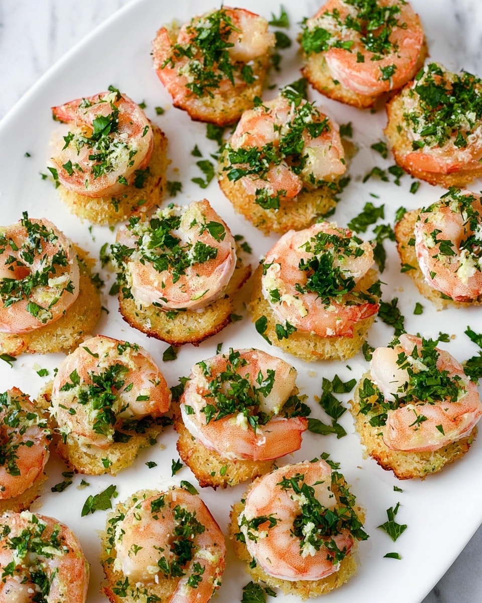The image shows multiple small round appetizers arranged on a white plate, each made of a two-layer base with a golden crispy texture on the bottom and topped with a light pink shrimp. The shrimp layer is creamy and sprinkled generously with bright green chopped herbs, mostly parsley, spread evenly over the shrimp and the plate. The overall look is fresh and vibrant with the contrast of pink shrimp, green herbs, and golden base, all set against a white marbled textured surface. photo taken with an iphone --ar 4:5 --v 7